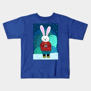 Cute winter bunny with gift illustration Kids T-Shirt